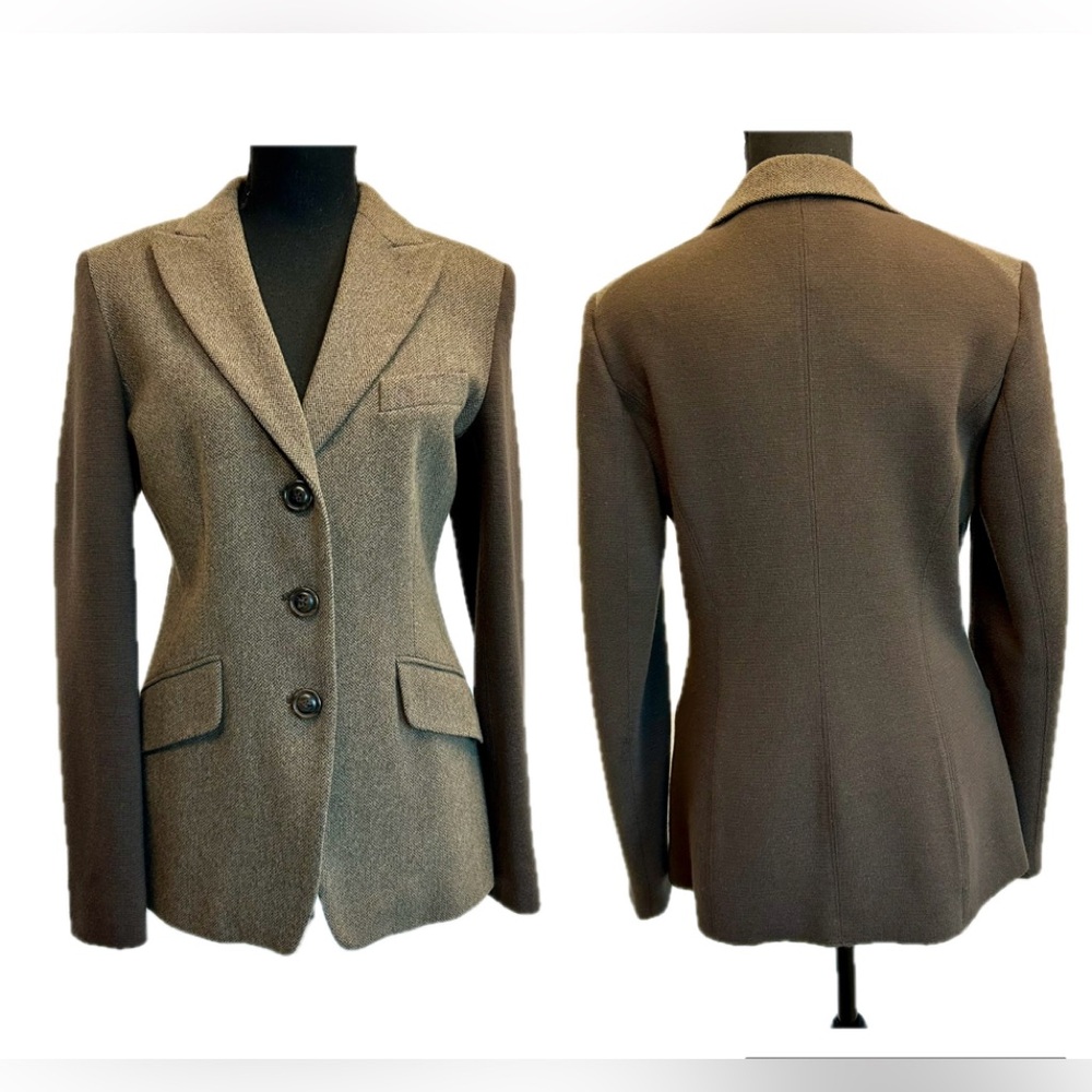 Weekend MaxMara brown herringbone single breasted knit contrast sleeve blazer